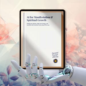 Könnte beinhalten: Ein digitales Tablet mit einem weißen Bildschirm, auf dem der Text "AI for Manifestation & Spiritual Growth" angezeigt wird. Der Text lautet "Clarify your desires, align your energy, and manifest with intention every step of the way." Das Tablet wird von einer Roboterhand vor einem rosa und weißen Blumenhintergrund gehalten. Der Text "Curated Prompt Library" befindet sich am unteren Bildschirmrand.