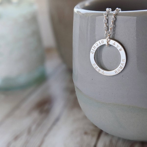 Personalised Sterling Silver Circle Necklace, Silver Circle Necklace, Circle Name Necklace, Circle Pendant, Bridesmaid Gift, Birth Stone