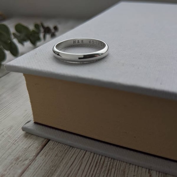 3mm Silver D Shape Message Ring, Personalised Silver Wedding Band, 3mm Silver wedding Ring, Hand Stamped Silver Ring, Custom Wedding Band