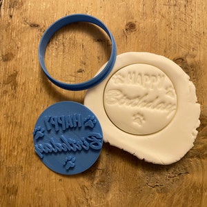 Happy Birthday with Paw Prints Embosser with free circle cutter, stamp, icing, fondant cupcake decoration baking, animal
