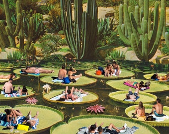May include: A colorful illustration of people relaxing on large lily pads in a pond surrounded by tall cacti. The lily pads are green and have a circular shape. The people are wearing swimsuits and are enjoying the warm weather.