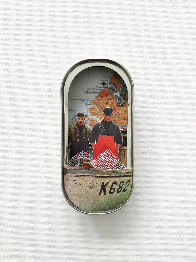My collage artwork 'Fisherman Friends' in a fish can image 1