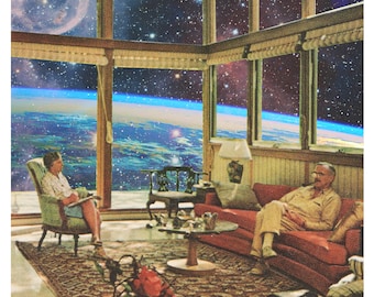 May include: A living room with large windows overlooking a view of Earth from space. Two people are sitting in chairs, one reading a book and the other looking out the window. There are roses in a vase on the table.