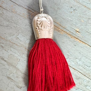 Deep Red Tassel Style Silver Plated Statement Pendant - Necklace Made From Vintage Knife Handle - Upcycled Unique Jewellery Steampunk Style