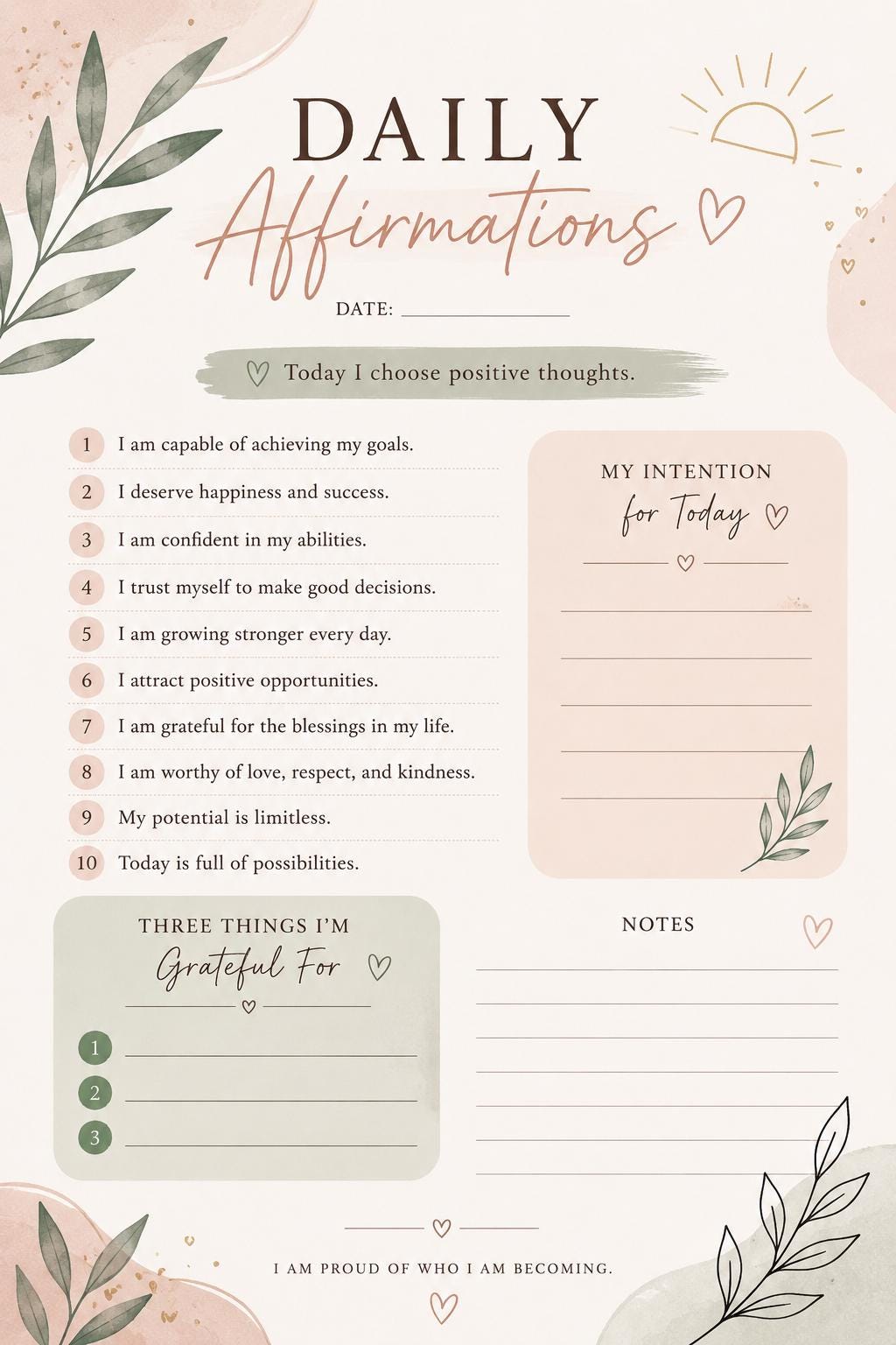 Daily Affirmation Notepad Printable - 50 Page Positive Mindset Journal ...