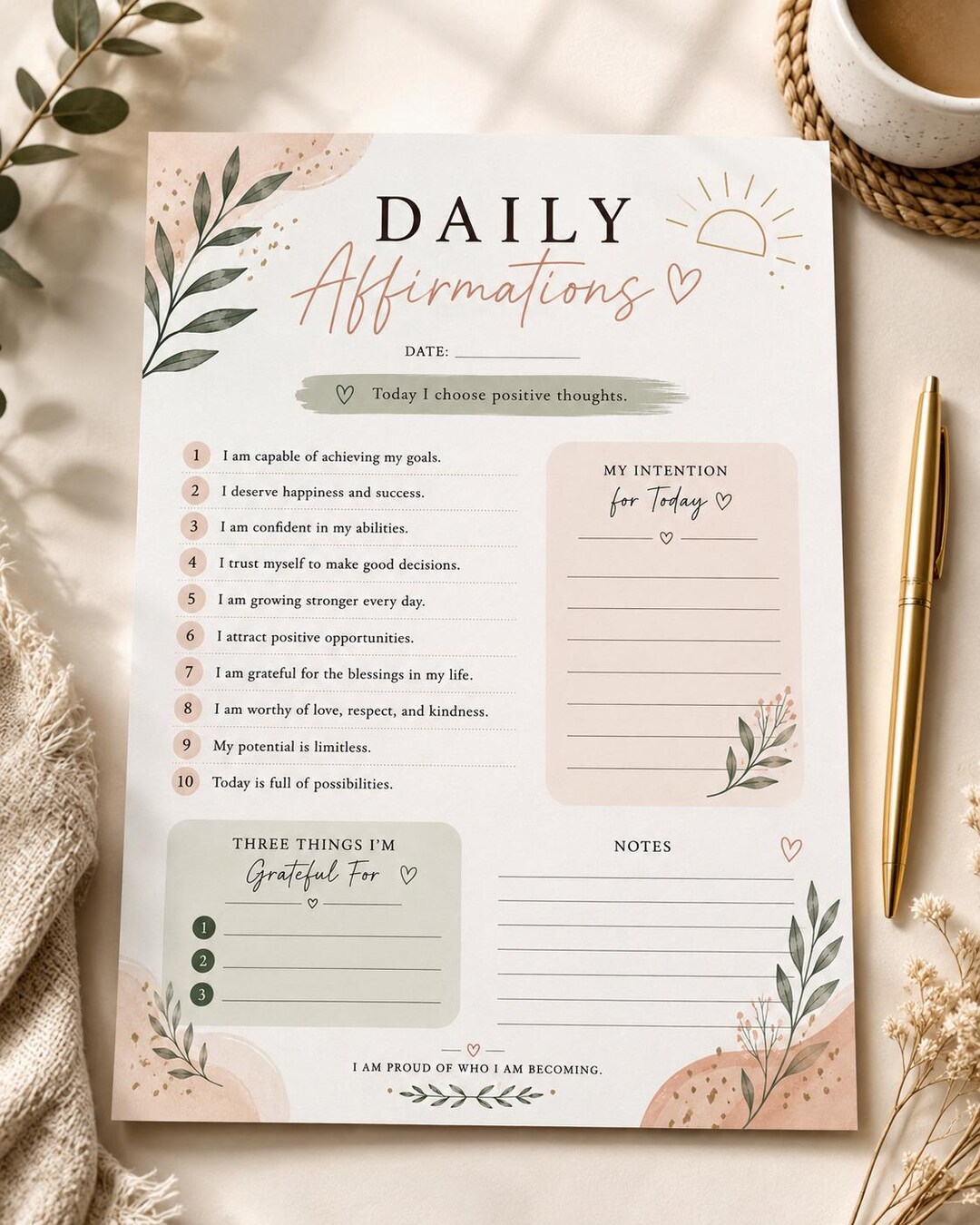 Daily Affirmation Notepad Printable - 50 Page Positive Mindset Journal ...