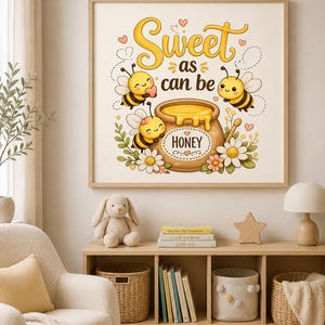 Peut inclure: Une affiche encadrée avec l'inscription "Sweet as can be" et une illustration de pot de miel avec des abeilles. L'œuvre est encadrée dans un cadre en bois clair et est exposée dans un salon.