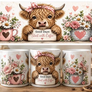 May include: White ceramic coffee mugs with a Highland cow design. The cow wears a pink bow and holds a sign that reads "Good Days Start with Coffee." The mugs feature floral arrangements and hearts. The overall theme is rustic and charming.