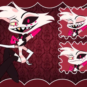 Puede incluir: Ilustración de dibujos animados de un personaje con cara blanca, detalles en rosa y ropa en blanco y negro. El personaje tiene una amplia sonrisa, una pajarita negra y largas piernas negras. También se incluyen dos retratos más pequeños del personaje.