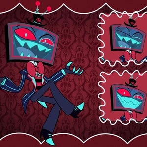 Peut inclure: Illustration de dessin animé d'un personnage avec un écran de télévision pour tête, portant un costume avec un nœud papillon. Le personnage a des yeux rouges et un sourire menaçant. Le fond est un papier peint à motifs rouge foncé.