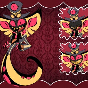 May include: Illustration of a cartoon character with a top hat, goggles, and a long, serpentine body. The character has a black and yellow color scheme with pink accents. The background is a patterned burgundy.