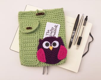 Crochet Pattern PDF Only, crochet book sleeve, journal sleeve, A5 planner pouch, journal case, notebook sleeve, pen pocket, owl decal