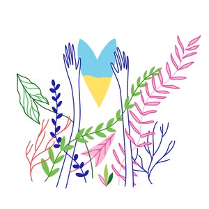 Ilustração de cartão postal de arquivo DIGITAL para a Ucrânia. Artista ucraniano feito à mão, esteja com a Ucrânia, Impressão Botânica