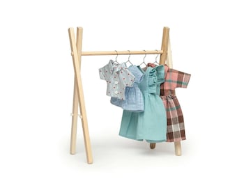 Rack for doll clothes, wooden wardrobe for doll clothes. Accessory for toys - storage of dolls' clothes wooden rack with set of hangers