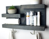 Bathroom Shelf Organizer with Towel Hooks, Modern Farmhouse, Gray Bathroom Wall Decor Storage, Country Apartment Decor