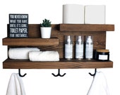 Bathroom Storage Shelf with Towel Hooks, Farmhouse Country Rustic Storage, Modern Farmhouse, Apartment Decor, Guest Storage