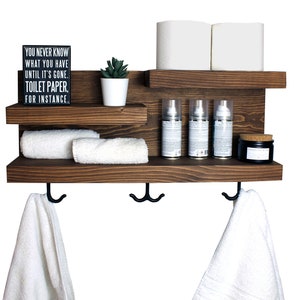 Bathroom Storage Shelf  with Towel Hooks, Farmhouse Country Rustic  Storage, Modern Farmhouse, Apartment Decor, Guest Storage