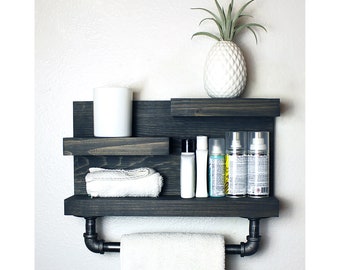 Bathroom Shelf with Industrial Farmhouse Towel Bar, Bathroom Wall Decor Espresso, Country Rustic  Storage, Modern Farmhouse, Apartment Decor