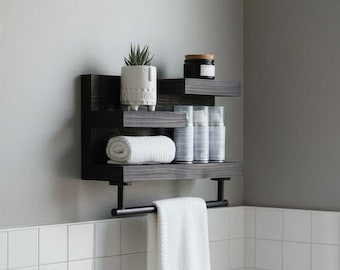 Rustic Bathroom Shelf with Modern Towel Bar - 17" Wide