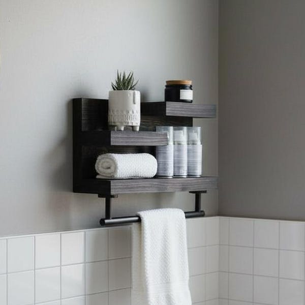 Bathroom Shelf with Modern Towel Bar, Bathroom Wall Decor, Country Rustic  Storage, Modern Farmhouse, Apartment Decor