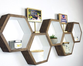 Mid Century Modern Minimalist Wood Hexagon Shelves, Hexagon Shelf, Geometric Wall Storage, Rustic Wall Shelf, , Set of 5 Small Hexagons