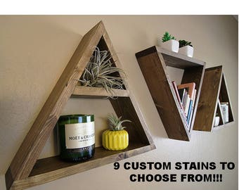 Triangle Shelf, Wall Mounted Modern Geometric Shelves, Wood Pyramid Floating , Plant Stand, Succulent Garden - Set of Three