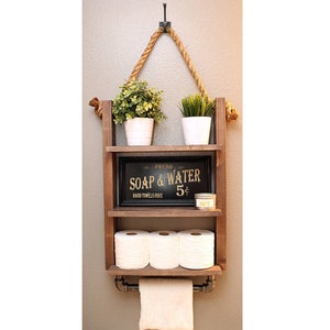 Farmhouse Bathroom Storage Shelf Decor with Industrial Towel Bar Rustic Wood Rope image 1