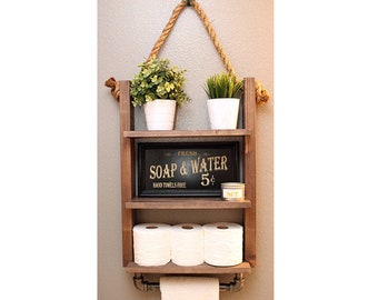 Farmhouse Bathroom Storage Shelf Decor with Industrial Towel Bar - Rustic Wood Rope