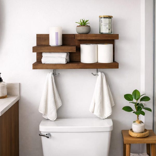 Rustic Farmhouse Bathroom Shelf with Towel Hooks, Dark Walnut Finish