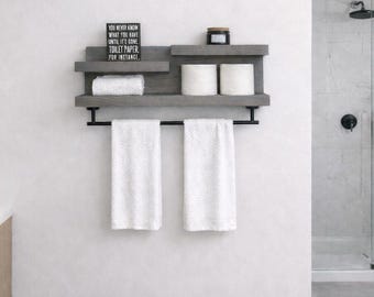 Farmhouse Bathroom Shelf with Towel Bar and Hook - 23" Wide