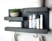 Bathroom Shelf Organizer with Towel Hooks, Modern Farmhouse, Brown Country Storage, Apartment Decor, Guest Storage