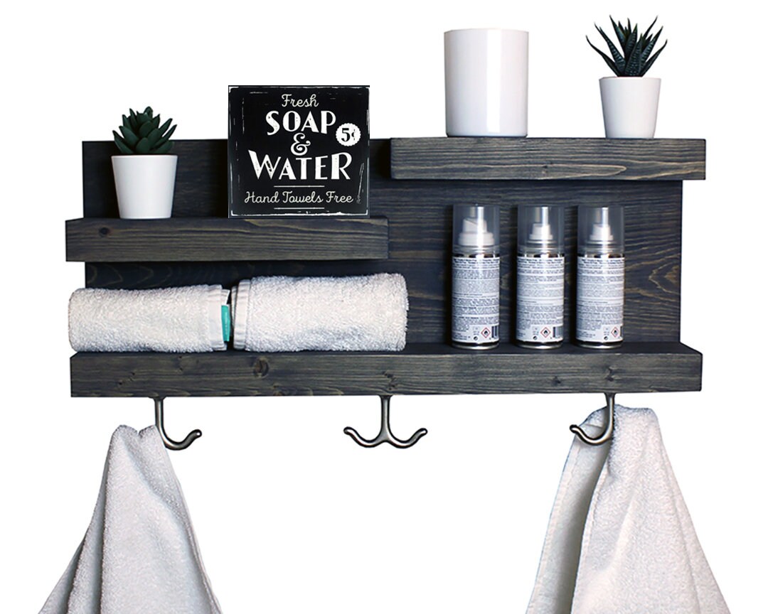 Bathroom Storage Shelf With Hooks Modern Farmhouse - Etsy