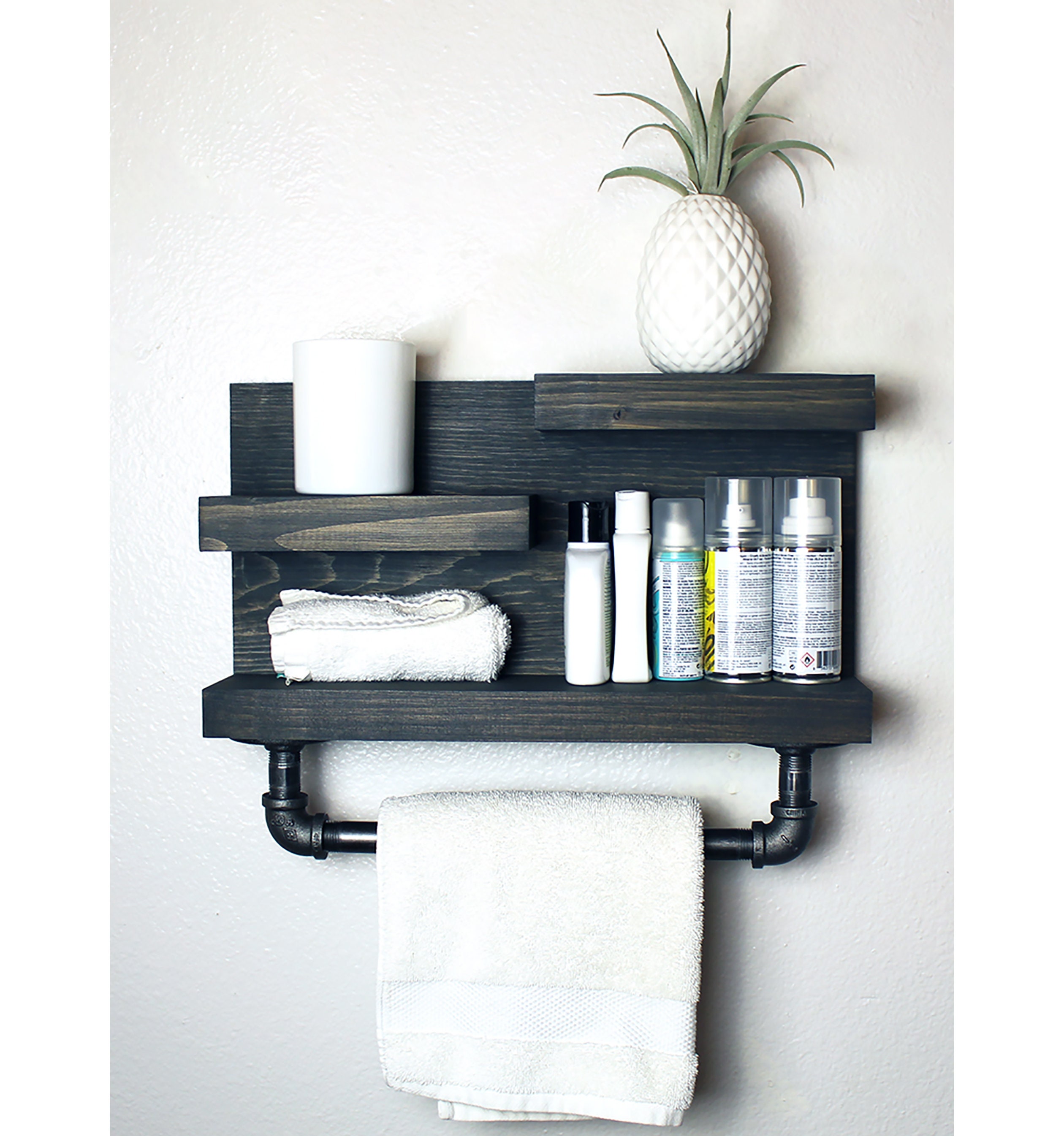 Bathroom Shelf Organizer With Towel Hooks, Modern Farmhouse, Gray