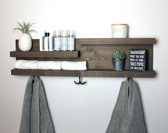 28" Bathroom Shelf Organizer with Towel Hooks - Modern Farmhouse Decor