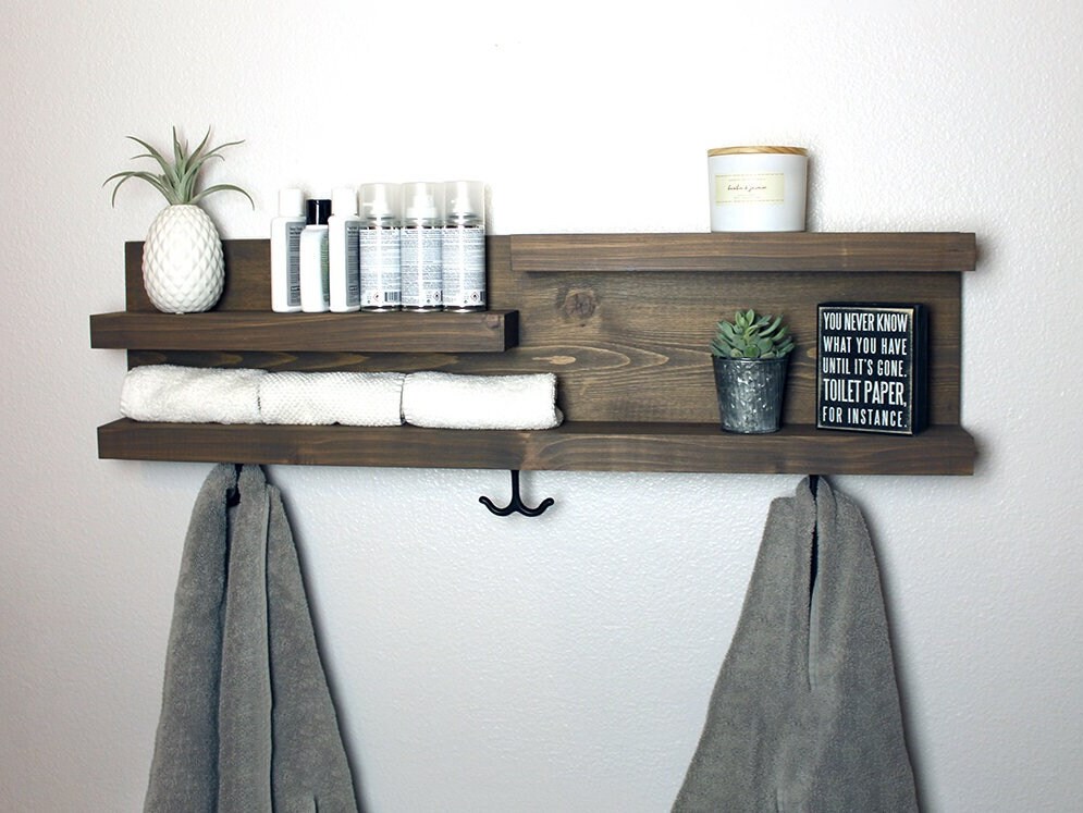 28 Bathroom Shelf Organizer With Towel Hooks Modern Farmhouse Decor Etsy