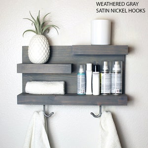 Bathroom Shelf Organizer with Towel Hooks, Modern Farmhouse, Gray Bathroom Wall Decor Storage, Country Apartment Decor Weathered Gray