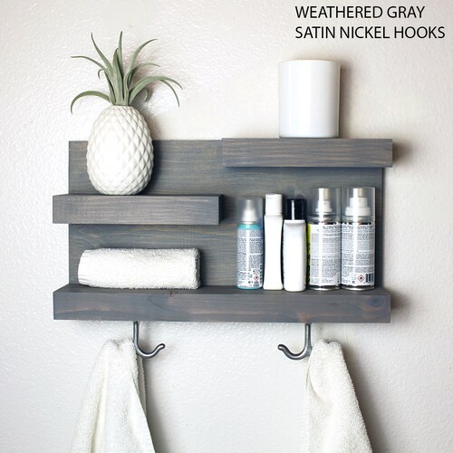 Bathroom Shelf Organizer with Towel Hooks, Modern Farmhouse, Gray Bathroom Wall Decor Storage, shops Country Apartment Decor