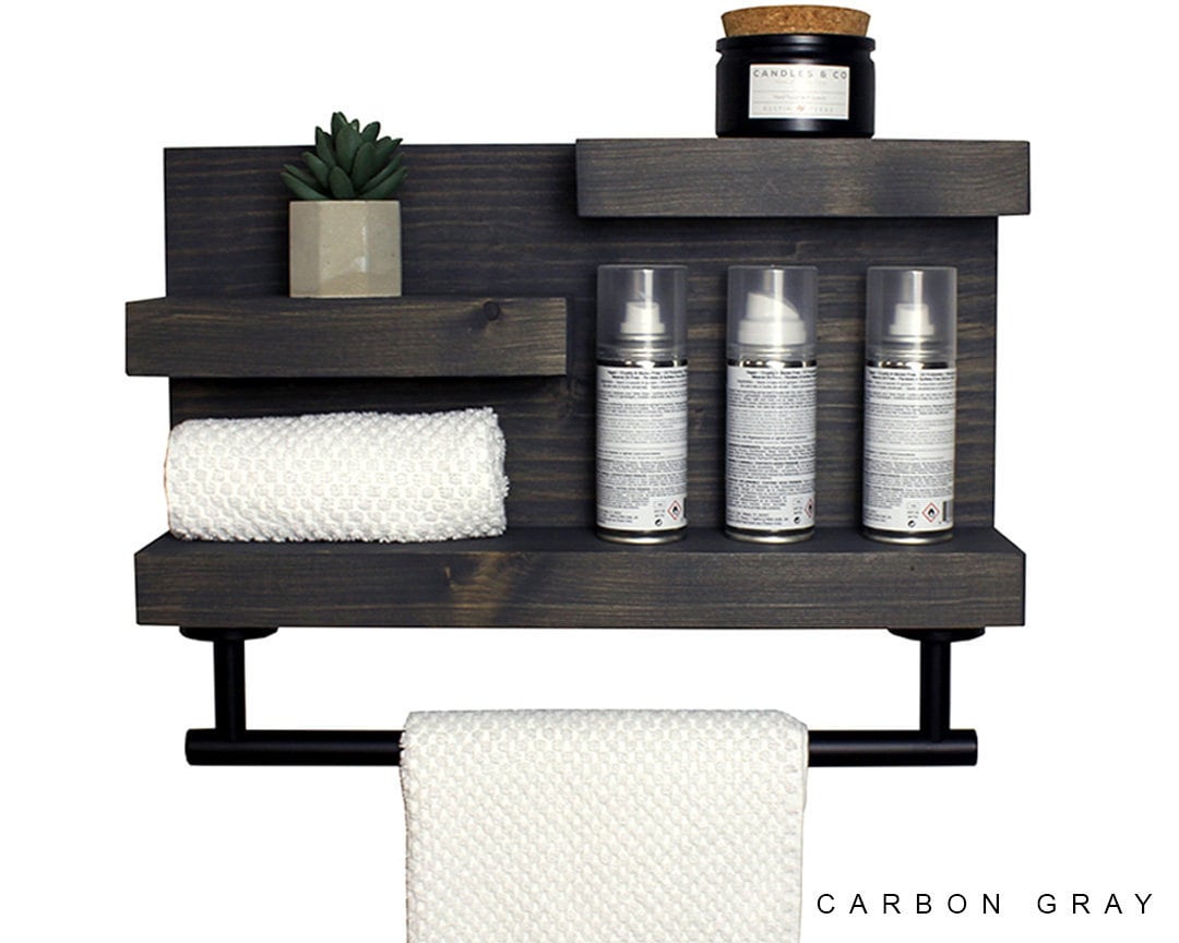 Bathroom Shelf Organizer With Towel Hooks, Modern Farmhouse, Gray Bathroom  Wall Decor Storage, Country Apartment Decor 