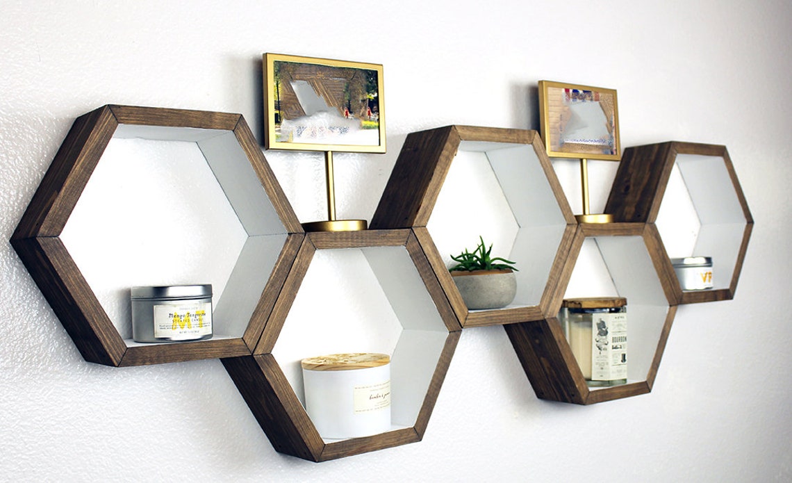 Mid Century Modern Minimalist Wood Hexagon Shelves Hexagon Etsy