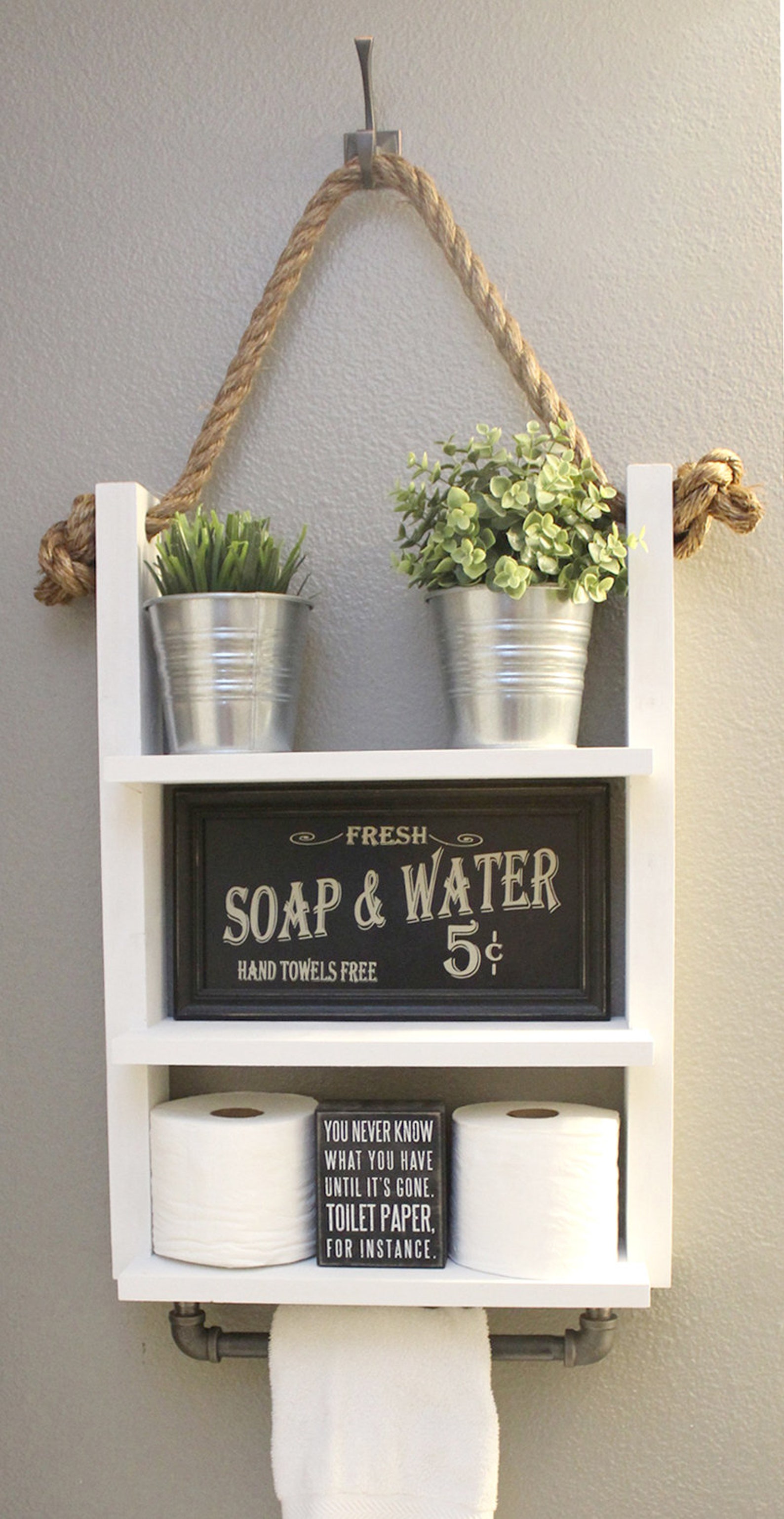 White Farmhouse Bathroom Shelf With Towel Bar Bathroom Decor Etsy