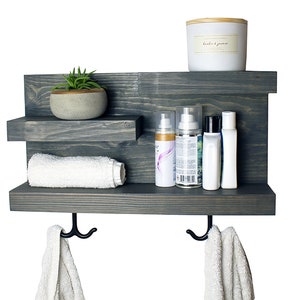 Bathroom Shelf Organizer with Towel Hooks, Modern Farmhouse, Gray Bathroom Wall Decor Storage, Country Apartment Decor Carbon Gray