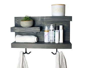 Bathroom Shelf Organizer with Towel Hooks, Modern Farmhouse, Gray Bathroom Wall Decor Storage, Country Apartment Decor