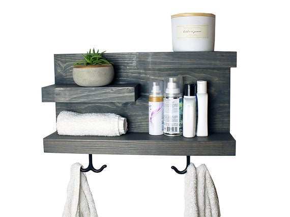 Bathroom Shelf Organizer With Towel Hooks, Modern Farmhouse, Gray Bathroom  Wall Decor Storage, Country Apartment Decor 