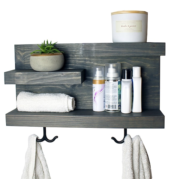 Bathroom Shelf Organizer with Towel Hooks, Modern Farmhouse, Gray Bathroom Wall Decor Storage, Country Apartment Decor