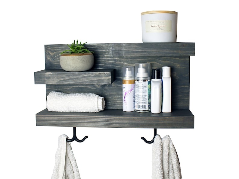 Bathroom Shelf Organizer with Towel Hooks, Modern Farmhouse, Gray Bathroom Wall Decor Storage, Country Apartment Decor Carbon Gray