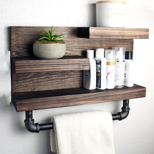 Bathroom Shelf Organizer With Towel Hooks, Modern Farmhouse, Gray Bathroom  Wall Decor Storage, Country Apartment Decor 