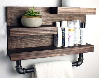 Bathroom Shelf with Industrial Farmhouse Towel Bar, Bathroom Wall Decor Espresso, Country Rustic  Storage, Modern Farmhouse, Apartment Decor