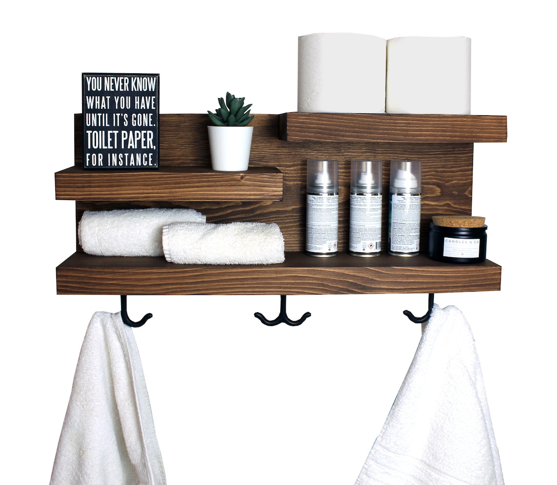 Bathroom Storage Shelf With Towel Hooks Farmhouse Country - Etsy