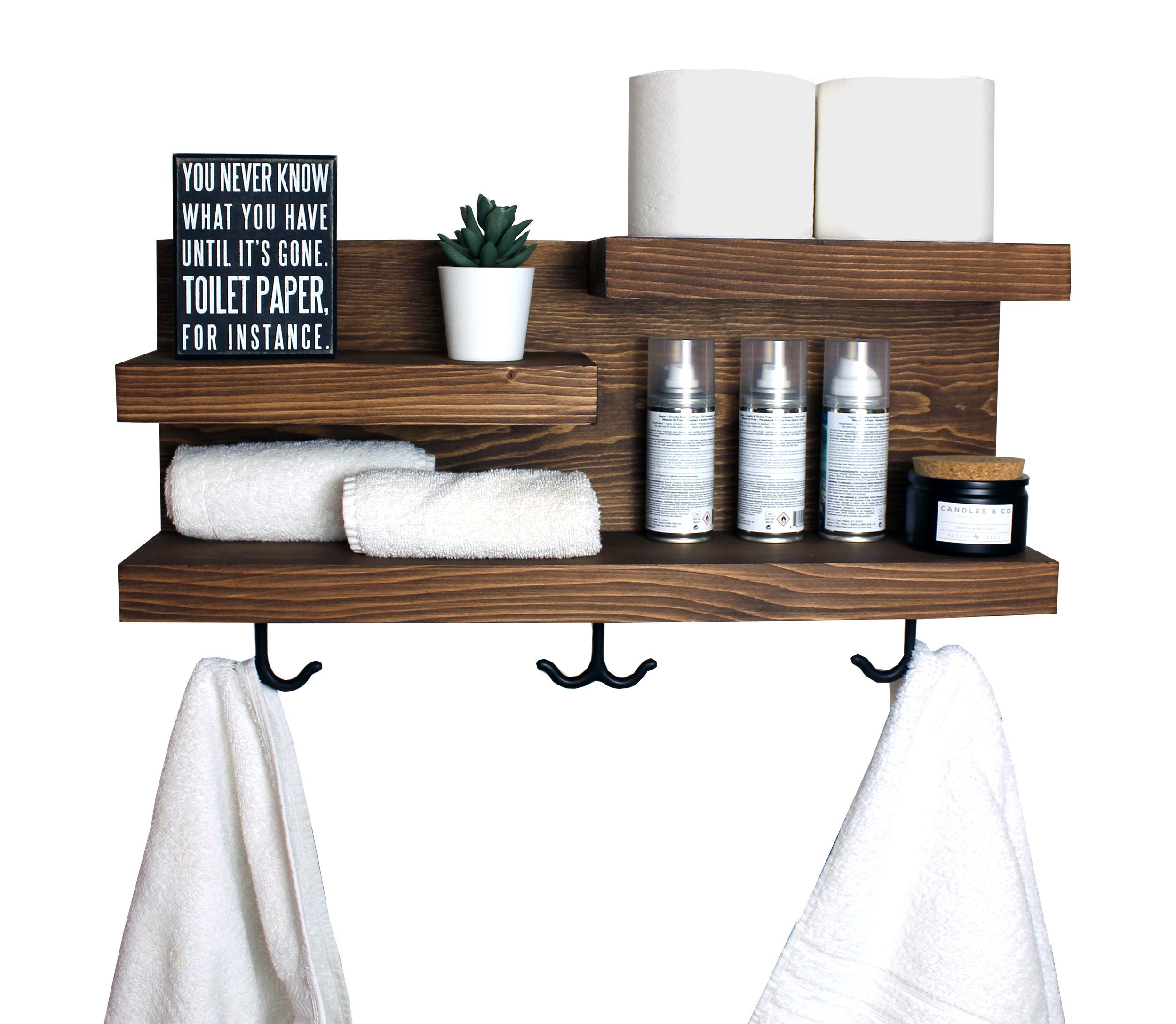 2-Tier Wall Mounted Towel Rack Bathroom Organizer Storage Stand w/ Shelf &  Hooks