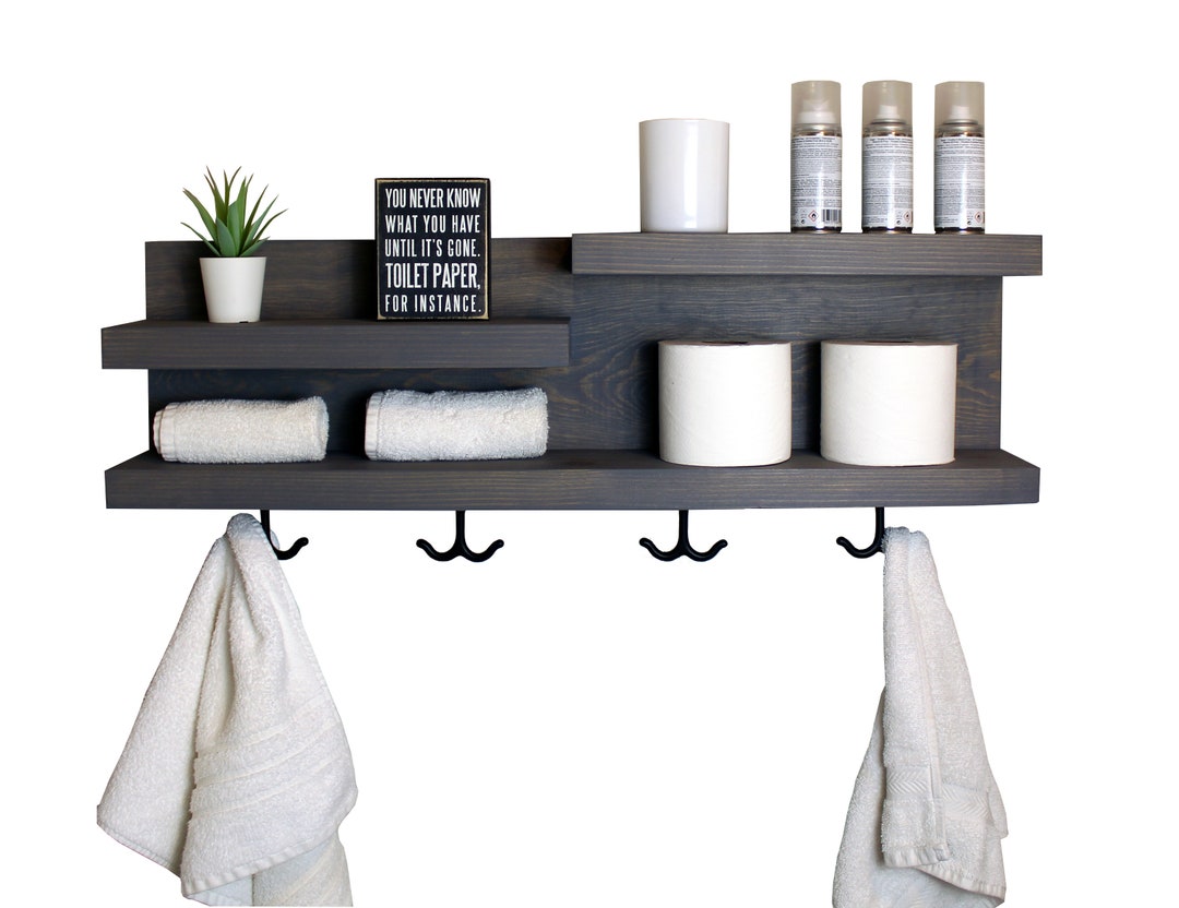 28" Bathroom Shelf Organizer With Towel Hooks - 5" Deep - Holds Full ...